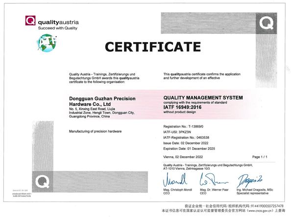 Porcellana Dongguan Guzhan Precision Metal Products Co.,Ltd Certificazioni
